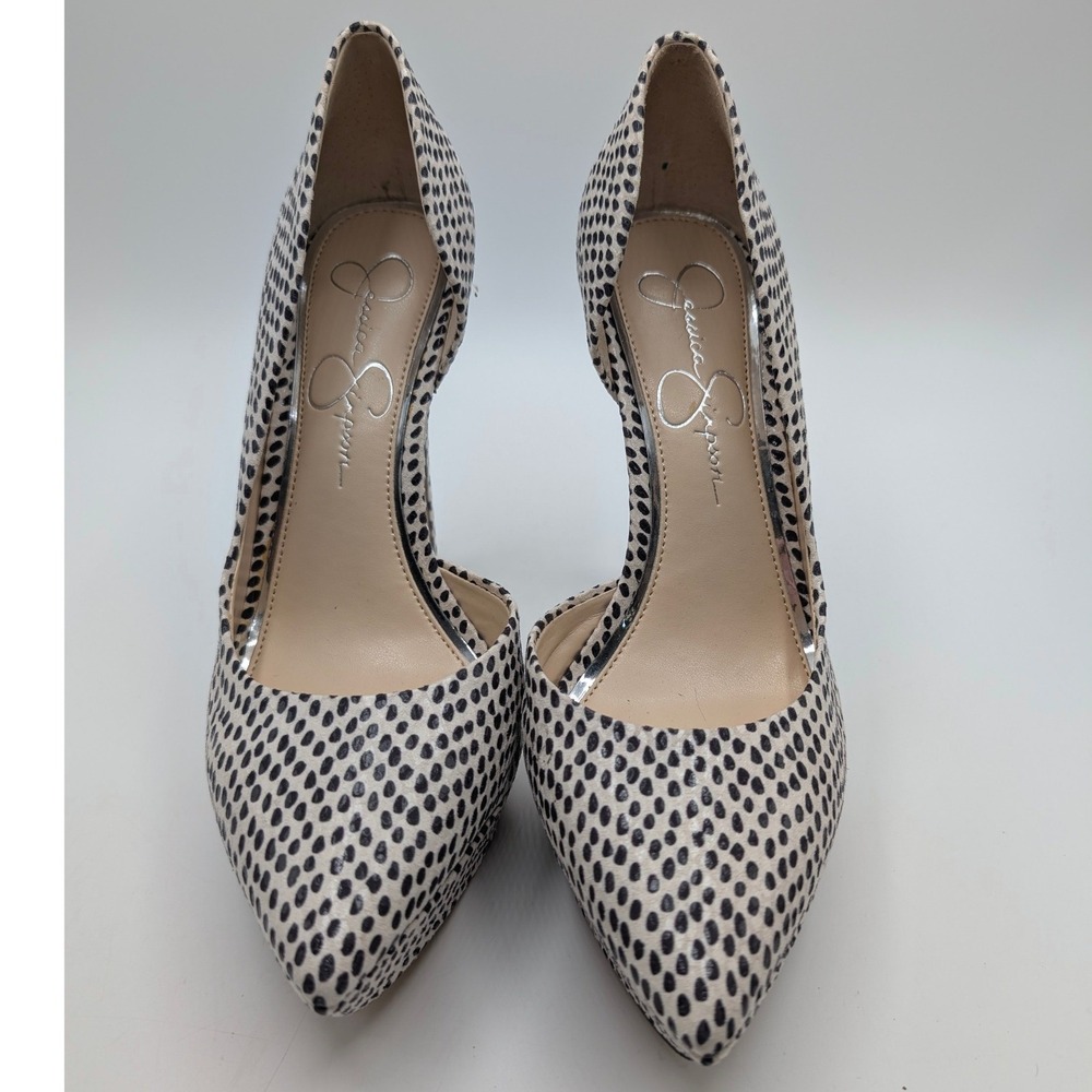 Jessica Simpson Heels 8 Rinah Animal leopard Platform Pumps White Black Spotted - Picture 2 of 10